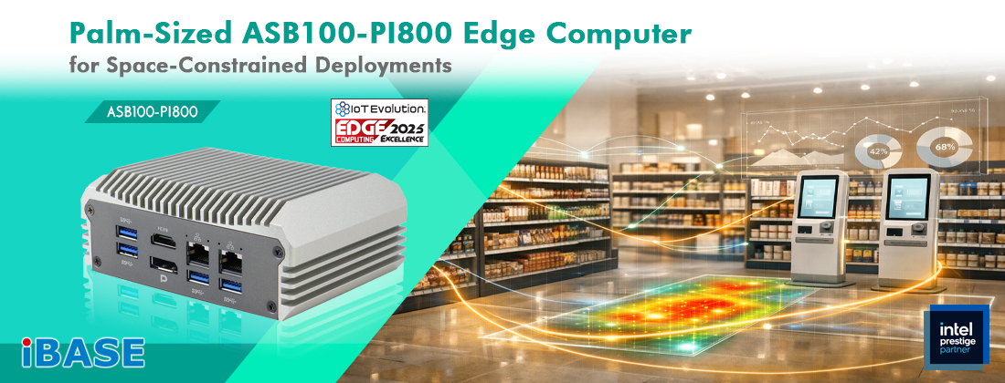 The ASB100-PI800 is a palm-sized fanless edge computing system designed for space-constrained and low-power industrial IoT applications.